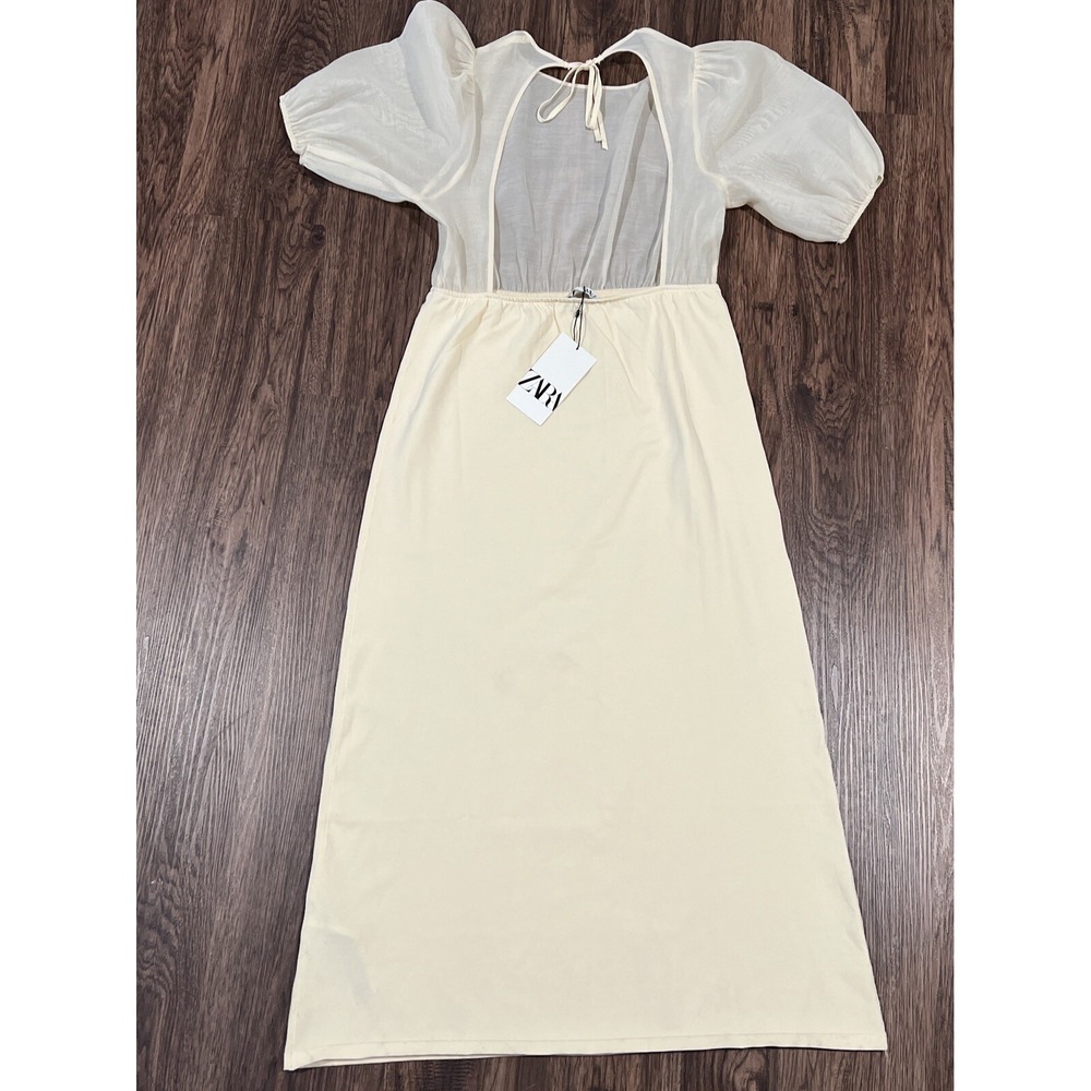 Zara Combination knit dress Size Medium Cream Long Feminine Puf Sleeve - Picture 5 of 7